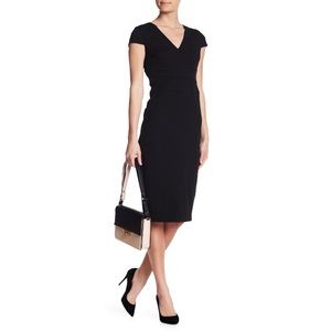 NWOT Donna Morgan Cap Sleeve Crep Sheath Dress in Black Vneck MIDI